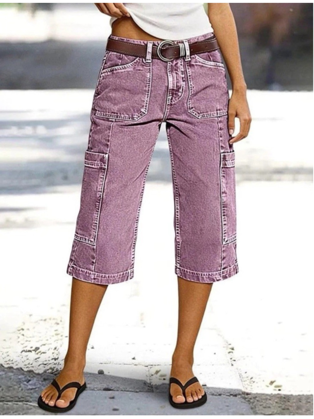 Flamingals Capri Straight Pants 4XL Wide Leg Mid Waist Stitch Detail Side Pocket